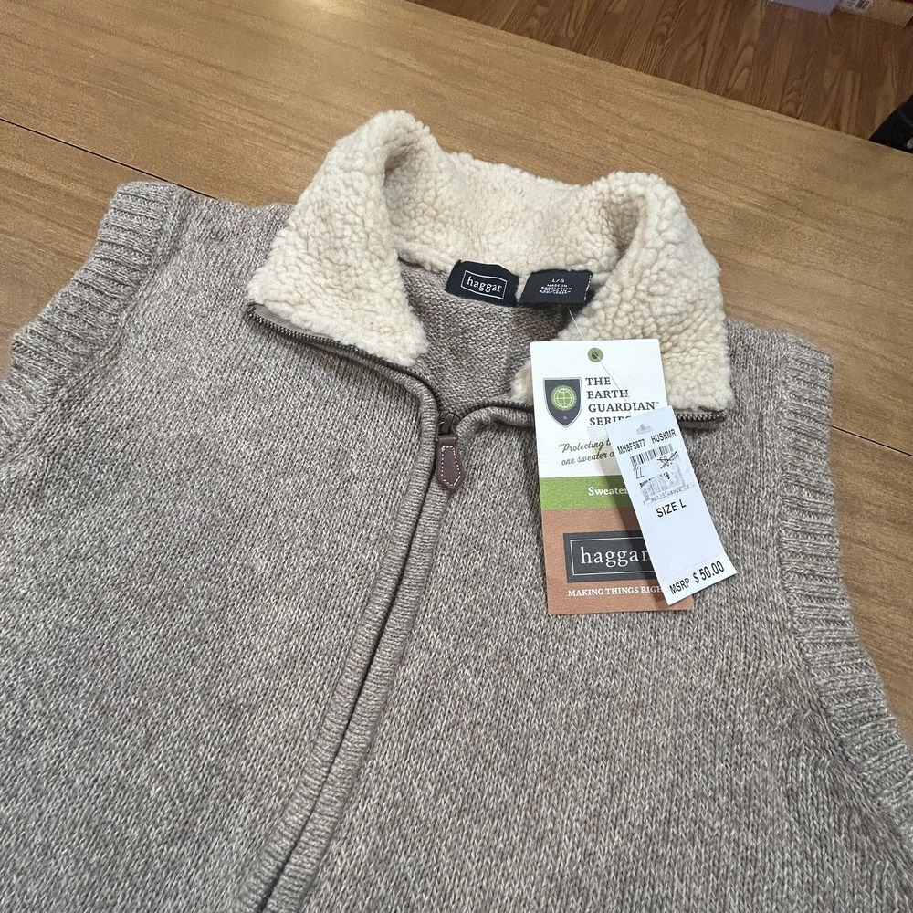 Haggar Sweater Vest Mens Large Beige Full Zip Sherpa Collar Knit New Tags